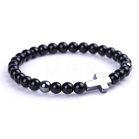 Natural Black Stone & Synthetic Non-magnetic Hematite Beads Stretch Bracelets for Women Men BO6196-3-1
