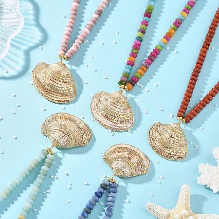 Ocean Electroplated Natural Scallop Shell Pendant Natural Mixed Stone Rondelle Braided Bead Necklaces NJEW-JN06445-1