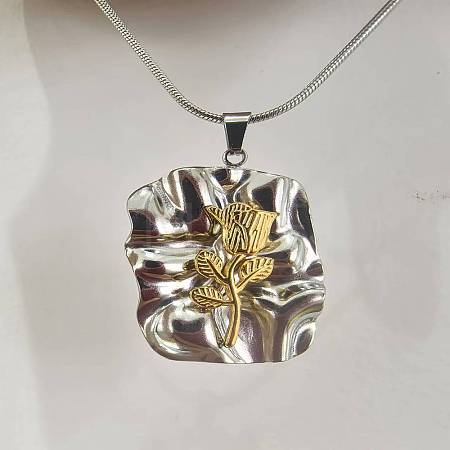 Two Tone 304 Stainless Steel Textured Square with Rose Flower Pendant Necklaces for Women WGF376B-03-1