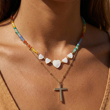 Summer Beach Rainbow Natural Mixed Stone and White Shell Heart Beaded Double Layer Necklaces with Stainless Steel Religion Cross Pendant EX6128-1-1