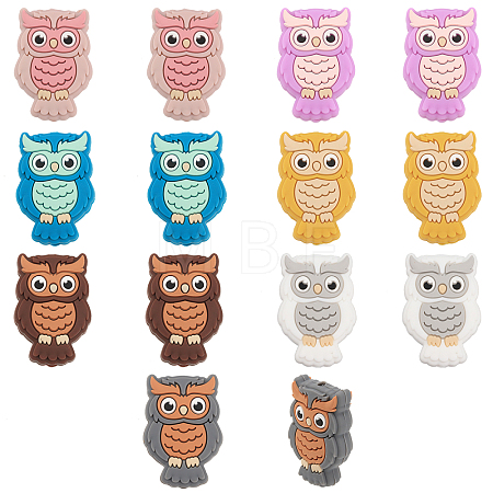 14Pcs 7 Colors Owl Food Grade Eco-Friendly Silicone Focal Beads SIL-CA0003-09-1