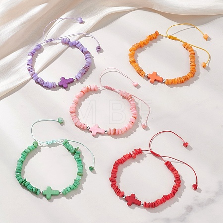 Adjustable Natural Freshwater Shell & Dyed Synthetic Turquoise Beads Braided Bead Bracelets for Women BJEW-JB13105-1