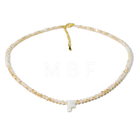 Natural White Shell Letter Faceted Glass Beaded Necklaces with 304 Stainless Steel End Chains SS7282-5-1