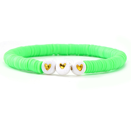 Flat Round with Heart Acrylic & Polymer Clay Heishi Beads Stretch Bracelets for Women BK9964-11-1
