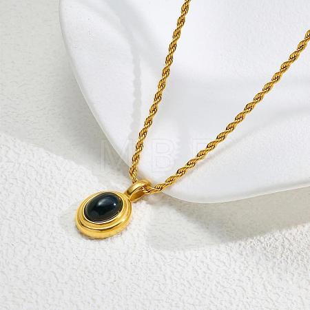 304 Stainless Steel with Cat Eye Oval Pendant Rope Chain Necklaces for Women FS-WG728AB-02-1