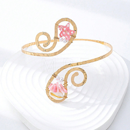 Bohemian Ocean Alloy & Resin & Plastic Pearl Fish Spiral Cuff Arm Bangles for Women WGA2359-01-1