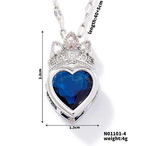 Fashionable Brass Cubic Zirconia Crown Heart-Shaped Pendant Dapped Chain Necklaces for Women SM2288-2-1