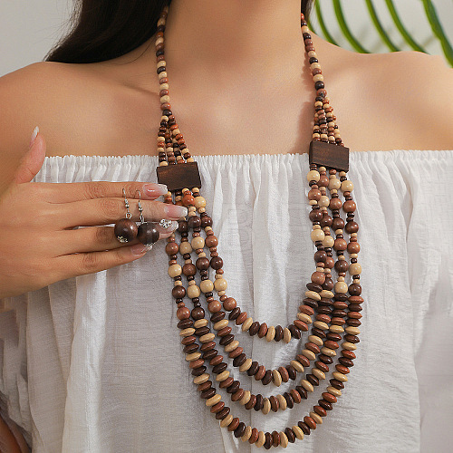 Bohemian Ethnic Style Wood Beaded Multilayer Necklaces & Dangle Earrings Sets WG82ABA-11-1