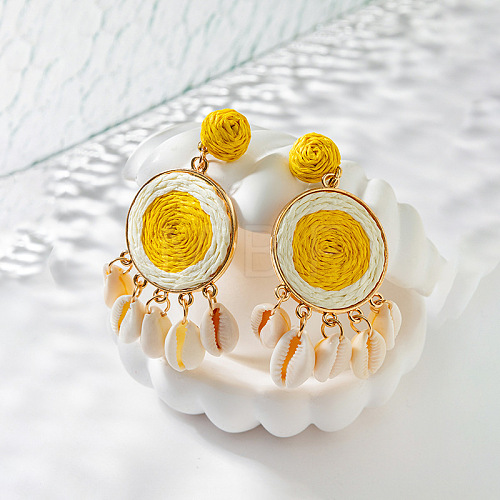 Bohemian Vacation Style Raffia Shell Earrings Vintage Handmade Woven Ear Drops GM6430-3-1