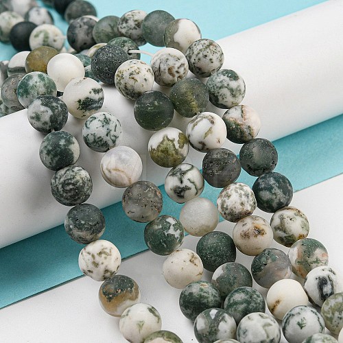 Natural Tree Agate Frosted Agate Round Gemstone Beads Strands G-O151-01-8mm-1