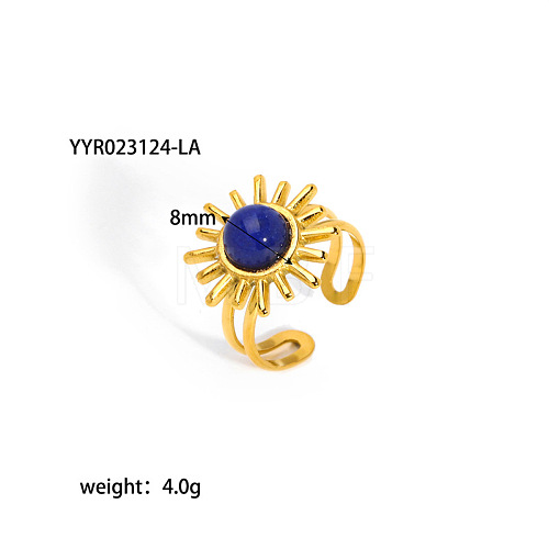 Vintage Natural Lapis Lazuli & Titanium Steel Flower Cuff Rings for Women CT4656-1-1