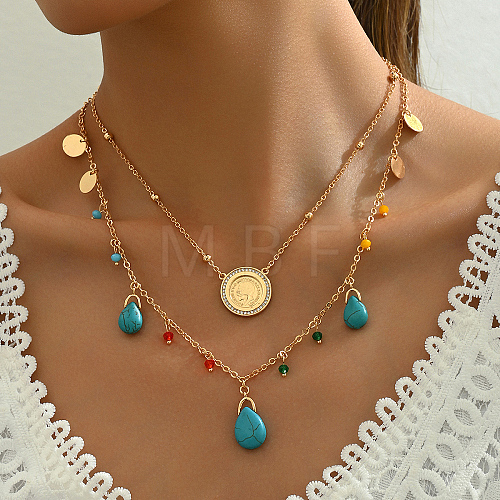 Natural Turquoise Teardrop Double Layer Necklaces OR0077-1