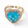 Deep Sky Blue Glass Heart Open Cuff Ring with Cubic Zirconia RJEW-J017-VC501-3