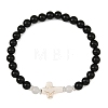 Dyed Synthetic Turquoise Religion Cross & Round Natural Black Onyx(Dyed & Heated) & White Moonstone Beaded Stretch Bracelets BJEW-JB14404-3