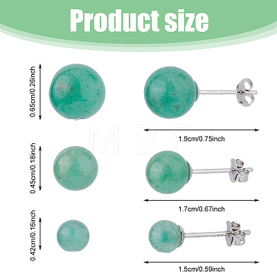 FIBLOOM 3 Pairs 3 Styles Natural Green Aventurine Round Stud Earrings with 925 Sterling Silver Pins EJEW-FI0002-16-1