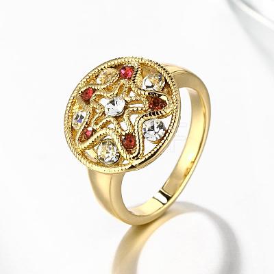 Real 18K Gold Plated Graceful Brass Czech Rhinestone Flat Round Finger Rings for Women RJEW-BB06509-8G-1