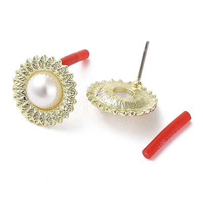 Rack Plating Alloy Flower Stud Earrings with ABS Pearl Beaded and 304 Stainless Steel Pin EJEW-B030-04G-1