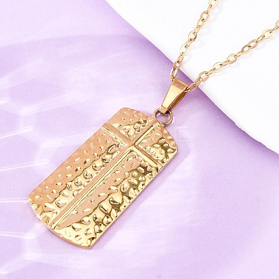 Texture Rectangle with Cross 304 Stainless Steel Pendant Necklaces NJEW-H059-12G-1