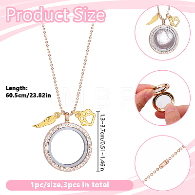 3Pcs Alloy Crystal Rhinestone Wing Paw Print and Glass Magnetic Flat Round Locket Pendant Ball Chain Necklaces for Women NJEW-DR00041-1