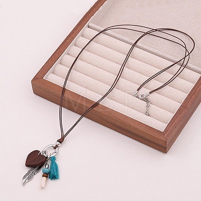 Boho Alloy Feather & Wood Heart Tassel Pendant Cotton Cord Necklaces for Women WG12080-01-1
