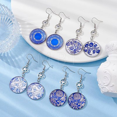 Blue Glass Flat Round & Alloy Star Dangle Earrings EJEW-JE05402-1