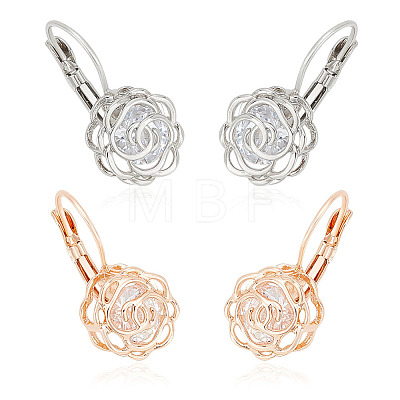 2 Pairs 2 Colors Clear Cubic Zirconia Rose Flower Leverback Earrings EJEW-AN0002-85-1