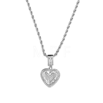 Brass Micro Pave Clear Cubic Zirconia Heart Pendant Rope Chain Necklaces for Women FS-WG43ED0-03-1