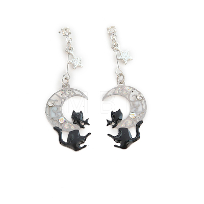 Enamel Cat with Moon Dangle Stud Earrings with Crystal Rhinestone MOST-PW0001-058B-1