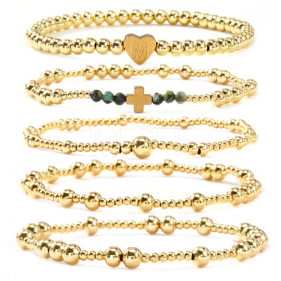 5Pcs Brass & Natural African Turquoise(Jasper) Beads Stretch Bracelets for Women BK1359-9-1