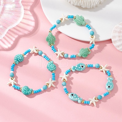3Pcs 3 Styles Handmade Porcelain & Glass Seed Bead & Starfish Synthetic Turquoise Stretch Bracelets for Women BJEW-MZ00316-1