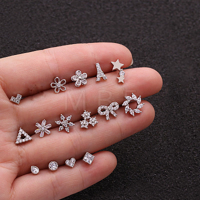 316L Surgical Stainless Steel Micro Pave Clear Cubic Zirconia Flower Cartilage Earrings WGCF17E-11-1