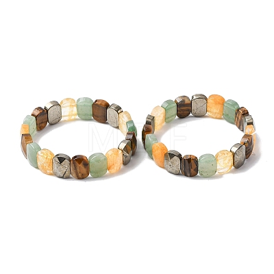 Oval Natural Pyrite & Green Aventurine & Tiger Eye & Quartz Crystal Beads Stretch Bracelets for Unisex BJEW-Z149-05B-1
