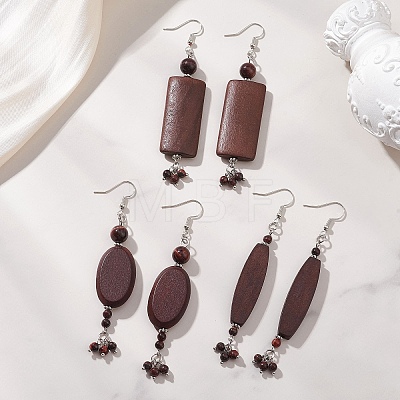 3 Pairs 3 Styles Wood Dangle Earrings EJEW-JE06996-1