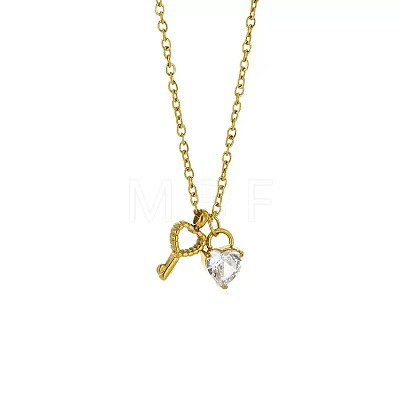 304 Stainless Steel Pave Clear Cubic Zirconia Heart & Key Pendant Necklaces for Women WG37553-01-1