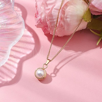 Round Natural Freshwater Pearl Copper Wire Wrapped Pendant Necklaces NJEW-JN04947-01-1
