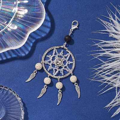 Woven Web/Net with Feather Glass Seed Beads Pendant Decorations HJEW-MZ00074-02-1