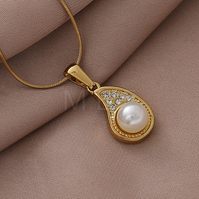 304 Stainless Steel with Imitation Pearl and Clear Glass Teardrop Pendant Necklaces EB8017-1
