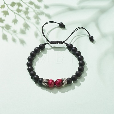 Natural Frosted Black Agate(Dyed) & Tiger Eye Braided Bead Bracelet with Alloy Crown BJEW-JB08249-03-1