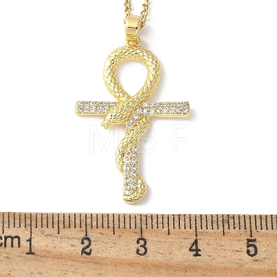 Brass Micro Pave Clear Cubic Zirconia Snake Wrapped Ankh Cross Pendant Necklaces LS-NJEW-S446-01G-1