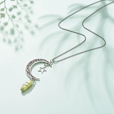 Natural Lemon Jade Bullet with Alloy Moon and Star Pendant Necklace NJEW-JN03912-03-1