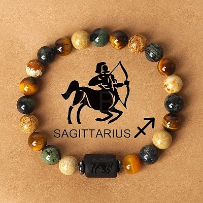 Twelve Constellations Natural Tiger Eye & Picture Jasper & Rhyolite Jasper Round & Column Beaded Stretch Bracelets for Women Men WG6FA5D-11-1