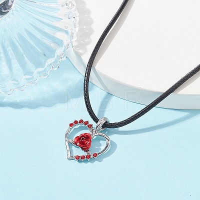 Alloy Rhinestone Heart with Rose Pendant Necklaces NJEW-JN04500-1