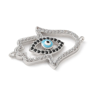 Brass Micro Pave Cleear & Black Cubic Zirconia Evil Eye Hamsa Hand Connector Charms KK-C086-15A-P01-1