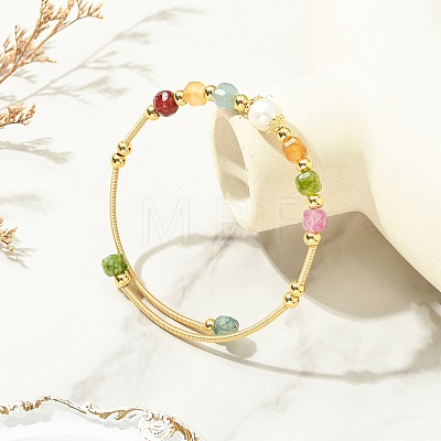 Natural Gemstone & Freshwater Pearl Beaded Copper French Wired Cuff Bangles for Women BJEW-JB13987-1