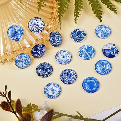 Blue and White Printed Glass Cabochons sgGGLA-SZ0001-13-1
