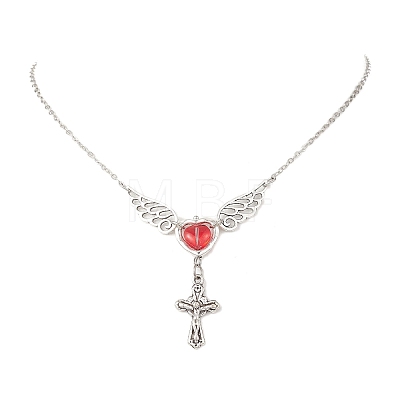 Brass Red Wing Heart with Cross Pendant Cable Chain Necklaces for Women NJEW-JN05909-1