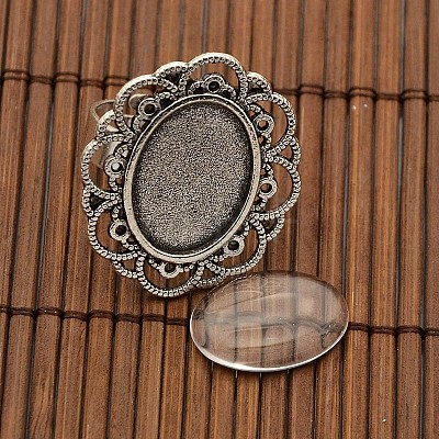 13x18mm Oval Transparent Glass Cabochons and Iron Flower Finger Ring Components Alloy Cabochon Bezel Settings for DIY DIY-X0197-AS-1