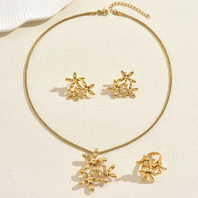 Flower Stainless Steel Stud Earrings & Pendant Necklaces & Rings Sets for Women PR9853-1