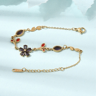 304 Stainless Steel Glass Flower Leaf Link Chain Bracelets SA-CBAF6AD-15G-1