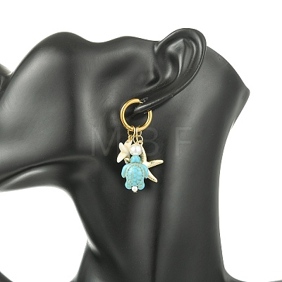 Tortoise Starfish Synthetic Turquoise & Shell Pearl Hoop Earrings EJEW-JE07149-1